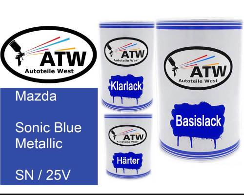Mazda, Sonic Blue Metallic, SN / 25V: 500ml Lackdose + 500ml Klarlack + 250ml Härter - Set, von ATW Autoteile West.